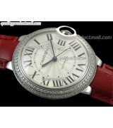 Cartier Blue Ballon Ladies Swiss Watch-White Dial Diamond Crested Bezel-Cordovan Leather Strap