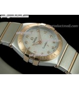 Omega Constellation Ladies Perlmutt Swiss Quartz-18k Rose Gold White Dial-Stainless Steel TT Linked Strap