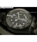 Rolex GMT II Pro Hunter Swiss Automatic Watch-Black Dial White Dots Sticks Markers-Black PVD Coated Oyster Stainless Steel Bracelet