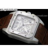 Cartier Santos 100 Chronograph-White Dial Semi Sunken Subdials-Brown Leather Strap