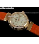 Omega Deville Ladymatic 18k Rose Gold Swiss Automatic Watch-White Coral Design Dial-Orange Leather strap