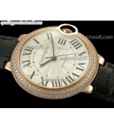 Cartier Blue Ballon Ladies Swiss Watch 18k Rose Gold-White Dial Diamond Crested Bezel-Black Leather Strap