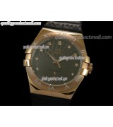 Omega Constellation Midsize 18k Rose Gold Swiss Quartz-Fan Shell Design Brown Dial-Black Leather Strap