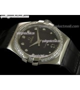 Omega Constellation Midsize Diamond-Fan Shell Design Magenta Dial-Black Leather Strap