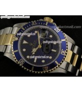 Rolex Submariner Automatic Swiss Watch 18k Gold-Blue Dial-Stainless Steel New Style Brushed Oyster Bracelet