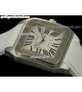 Cartier Santos 100th Anniversary Automatic Watch-White Arch Profile Dial-White Leather Strap