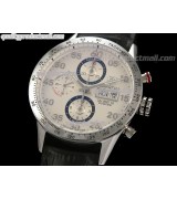 Tag Heuer Carrera Calibre 16 Day Date Automatic Chronograph-White Dial Blue Ring Subdials-Black Leather Strap 
