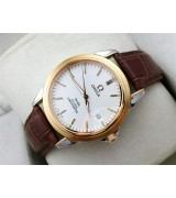 Omega De Ville Automatic 18k Rose Gold-White Dial-Gormment Markers-Brown Genuine Leather Strap