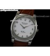 Rolex Cellini Swiss Quartz Watch-White Dial Diamond Hour Markers-Brown Leather strap 