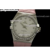 Omega Constellation Midsize Diamond Swiss Quartz-Fan Shell Design White Dial-Pink Leather Strap