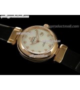 Omega Ladymatic 18k Rose Gold Swiss Automatic Watch-White Coral Design Dial-Black Leather Strap