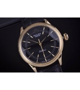 Rolex Cellini Swiss Automatic Watch Yellow Gold-Black Dial Stick Hour Markers-Black Leather Strap