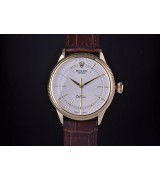 Rolex Cellini Swiss Automatic Watch Yellow Gold-White Dial Stick Hour Markers-Brown Leather Strap