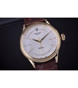 Rolex Cellini Swiss Automatic Watch Yellow Gold-White Dial Stick Hour Markers-Brown Leather Strap