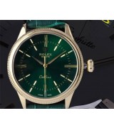 Rolex Cellini Swiss Automatic Watch Yellow Gold-Black Dial Stick Roman Hour Markers-Black Leather Strap