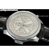 Breitling Bentley 6.75 Big Date Chronograph-White Dial White Subdials-Black Leather Strap