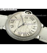 Cartier Blue Ballon Ladies Swiss Watch-White Dial Diamond Crested Bezel-White Leather Strap