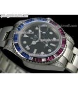 Rolex GMT II 50th Anniversary Bling Model Automatic Watch-Black Dial Ruby Red/Blue Bezel-Stainless Steel Oyster Bracelet 