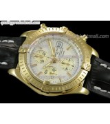 Breitling Chronomat Evolution V3 Chronograph 18K Gold-White Dial Gold Subdials Hour Index Markers-Black Leather Bracelet