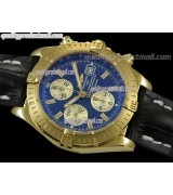 Breitling Chronomat Evolution V3 Chronograph 18K Gold-Blue Dial Gold Subdials Index Hour Markers-Black Leather Bracelet