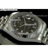 Rolex DayDate II 41mm Swiss Automatic Watch-Black Dial Diamond Hour Markers-Stainless Steel Presidential Bracelet