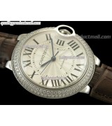 Cartier Blue Ballon Ladies Swiss Watch-White Dial Diamond Crested Bezel-Brown Leather Strap