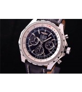 Breitling Bentley 6.75 Big Date Chronograph-Black Dial Black Subdials-Black Leather Strap