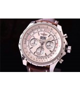Breitling Bentley 6.75 Big Date Chronograph-White Dial White Subdials-Brown Leather Strap