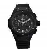 Hublot Big Bang Chronograph-Black Textured Dial Index Hour Markers-Black Leather Strap 