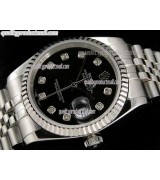 Rolex Datejust 36mm Swiss Automatic Watch-Black Dial Diamond Hour Markers-Stainless Steel Bracelet 