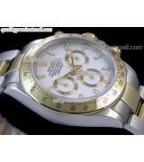 Rolex Daytona Swiss 18K Gold Bi Tone Chronograph-White Dial Gold Ring Subdials-Stainless Steel Oyster Bracelet