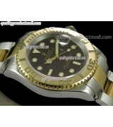 Rolex Yachtmaster II Bi Tone Swiss ETA-Black Dial White Dot Markers-Stainless Steel Oyster Bracelet