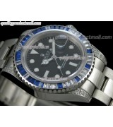 Rolex GMT II 50th Anniversary Bling Model Automatic Watch-Black Dial Blue Bezel-Stainless Steel Oyster Bracelet
