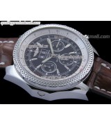 Breitling Bentley 6.75 Big Date Chronograph-Black Dial Black Subdials-Brown Leather Strap 