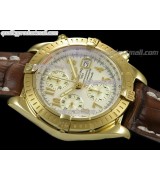 Breitling Chronomat Evolution V3 Chronograph 18K Gold-White Dial Gold Subdials Numeral Hour Markers-Brown Leather Bracelet