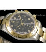 Rolex Daytona Swiss 18K Gold Bi Tone Chronograph-Black Dial Gold Ring Subdials-Diamond Hours-Stainless Steel Oyster Bracelet 