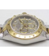 Rolex Daytona Swiss 18K Gold Bi Tone Chronograph-Grey Dial Gold Ring Subdials-Stainless Steel Oyster Bracelet 