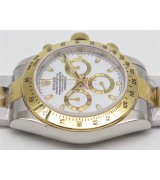 Rolex Daytona Swiss 18K Gold Bi Tone Chronograph-White Dial Gold Ring Subdials-Stainless Steel Oyster Bracelet