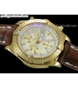 Breitling Chronomat Evolution V3 Chronograph 18K Gold-White Dial Gold Subdials Index Hour Markers-Brown Leather Bracelet