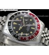 Rolex GMT II Swiss ETA Automatic Watch-Vintage Black Dial Black/Red Bezel-Stainless Steel Jubilee Bracelet