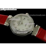 Omega Deville Ladymatic Diamond Swiss Automatic Watch-White Coral Design Dial-Red Leather strap