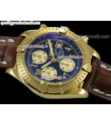 Breitling Chronomat Evolution V3 Chronograph 18K Gold-Black Dial Gold Subdials Numeral Hour Markers-Brown Leather Bracelet