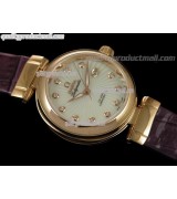 Omega Deville Ladymatic 18k Rose Gold Swiss Automatic Watch-White Coral Design Dial-Purple Leather strap