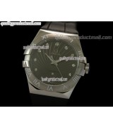 Omega Constellation Midsize Swiss Quartz-Fan Shell Design Grey Dial-Black Leather Strap