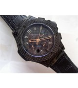 Hublot Big Bang Carbon Fibre Chronograph-Black Dial Raise Steel Hour Markers-Black Leather Strap