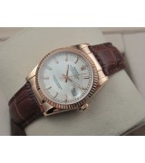 Rolex Datejust 36mm Swiss Automatic Watch 18K Gold-White Dial Stick Markers-Brown Leather Bracelet 