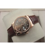 Rolex Datejust 36mm Swiss Automatic Watch 18K Gold-Brown Dial Diamond Stick Markers-Brown Leather Bracelet