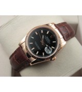 Rolex Datejust 36mm Swiss Automatic Watch Rose Gold-Black Dial Stick Markers-Brown Leather Bracelet