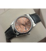 Rolex Datejust 36mm Swiss Automatic Watch-Pink Dial Stick Markers-Black Leather Bracelet