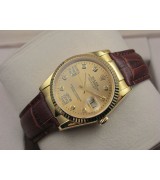 Rolex Datejust 36mm Swiss Automatic Watch 18K Gold-Golden Dial Diamond Markers-Dark Brown Leather Bracelet